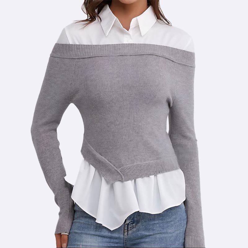 Off-Shoulder Knit Sweater and Shirt Combo