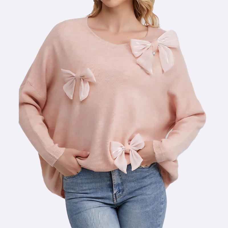 Oversized Sweater with Satin Bow Applique