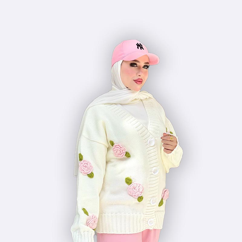 Knit Cardigan with 3D Crochet Flower Appliques