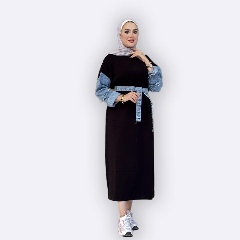 Knit Midi Dress with Denim Sleeve Patch and Tie Belt