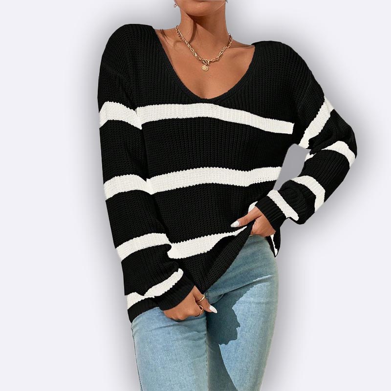 Striped V-Neck Knit Sweater