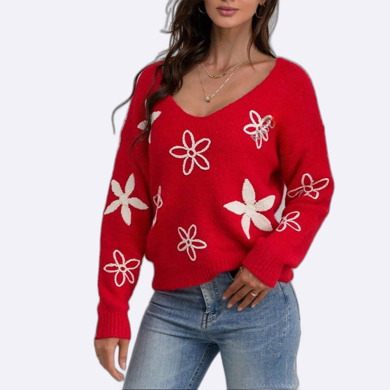 Floral Embroidered V-Neck Sweater