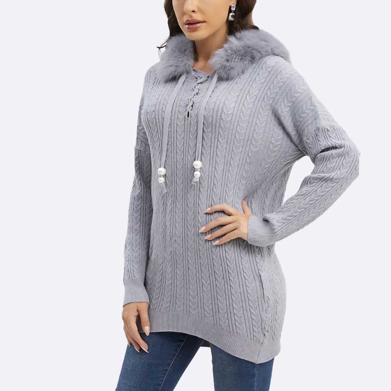Cozy Cable Knit Hooded Sweater with Faux Fur Trim