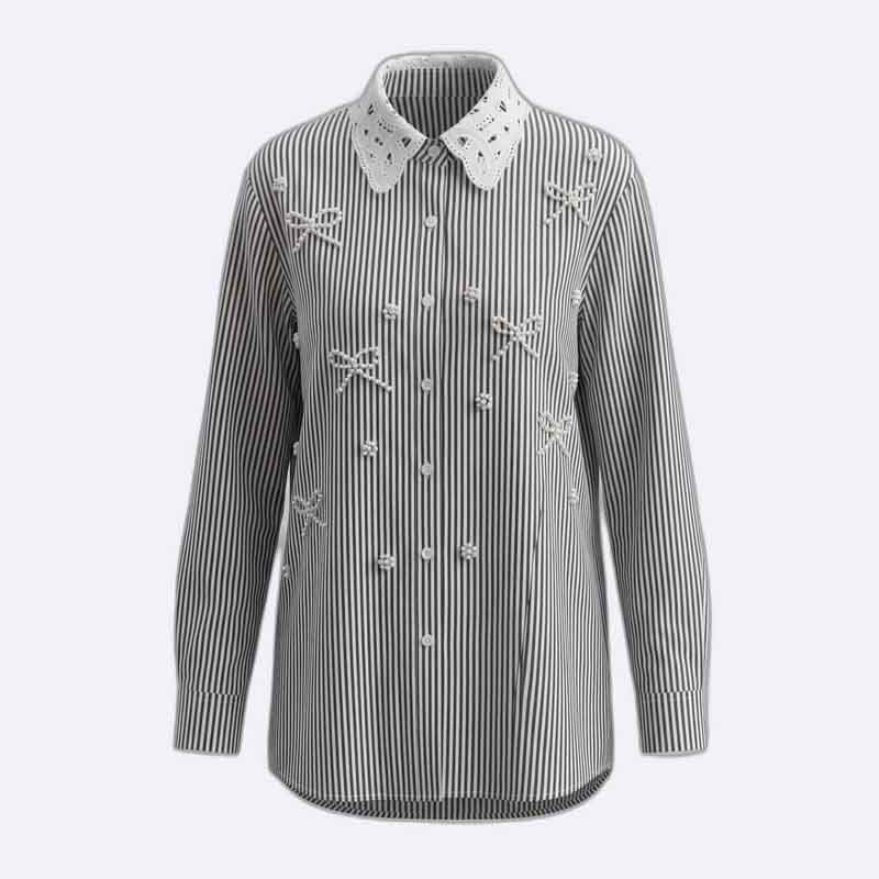 Striped poplin shirt with guipure collar