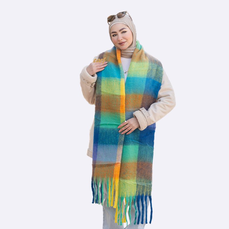 Rainbow Plaid Tassel Scarf