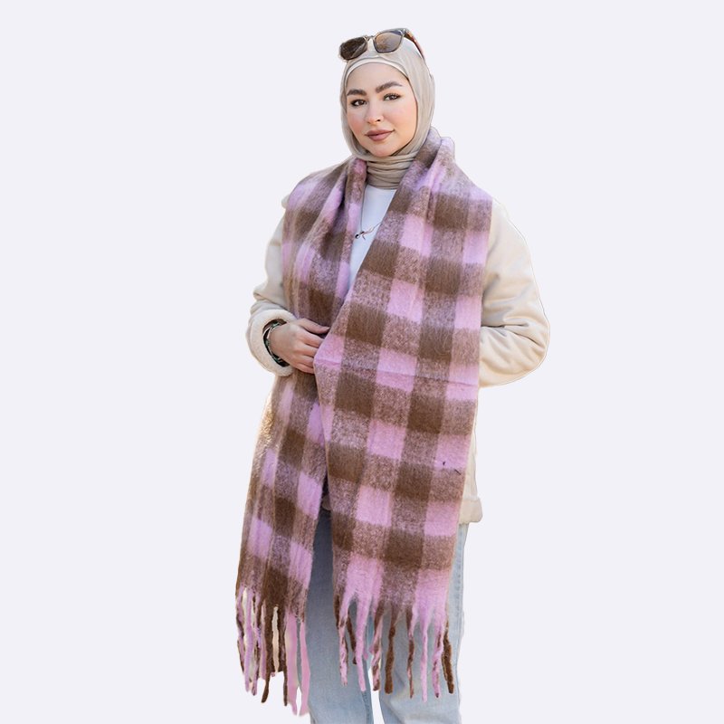 Pink & Brown Plaid Tassel Scarf