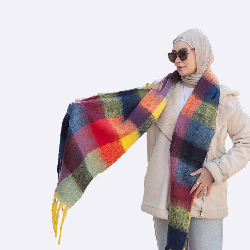 Rainbow Plaid Tassel Scarf