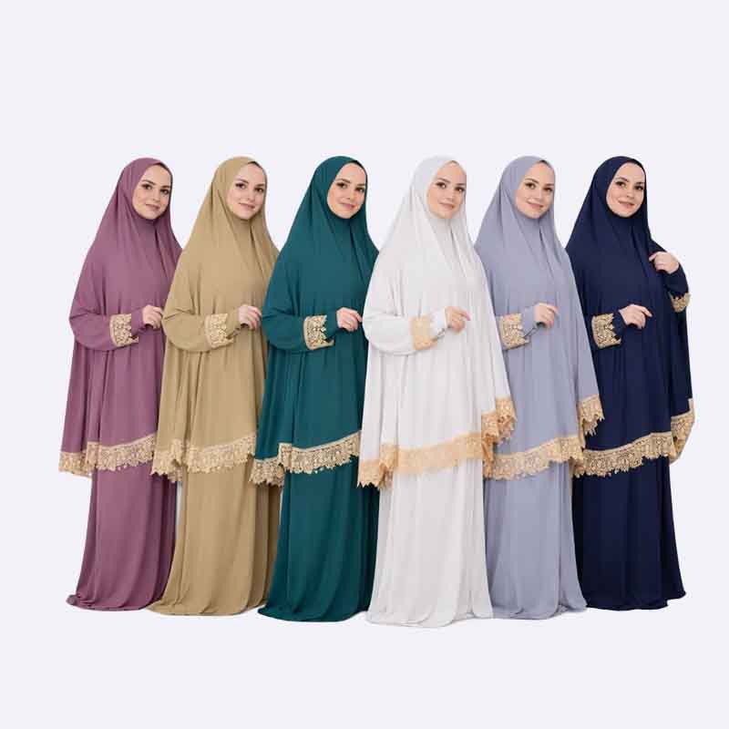 Elegant Lace Trim Prayer Set with Attached Hijab