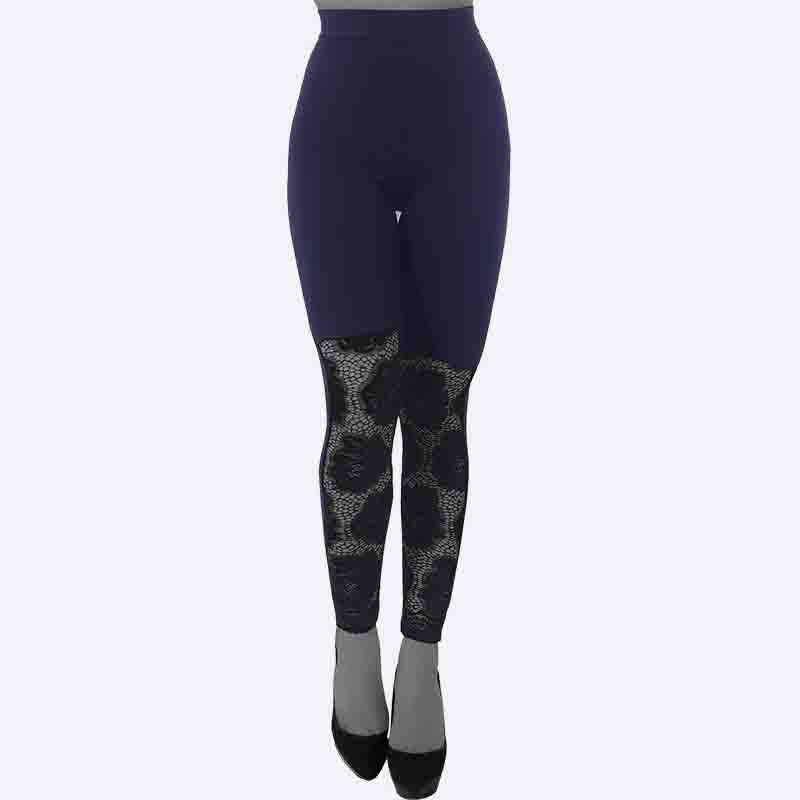Women's Navy Leggings with Floral Lace/Mesh Panel