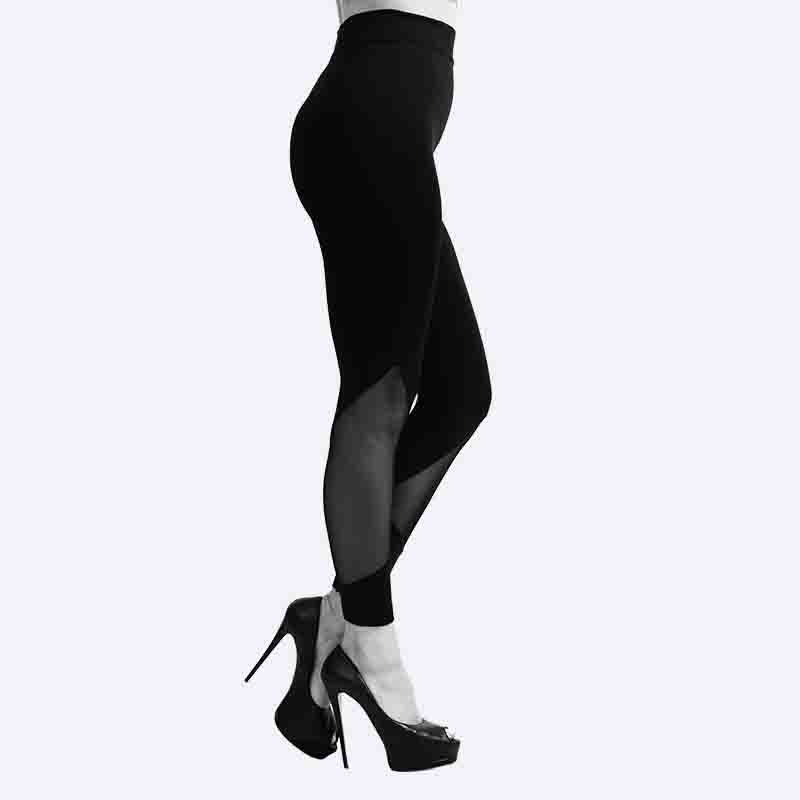 Women's Black Leggings with V-Cut Mesh Panel