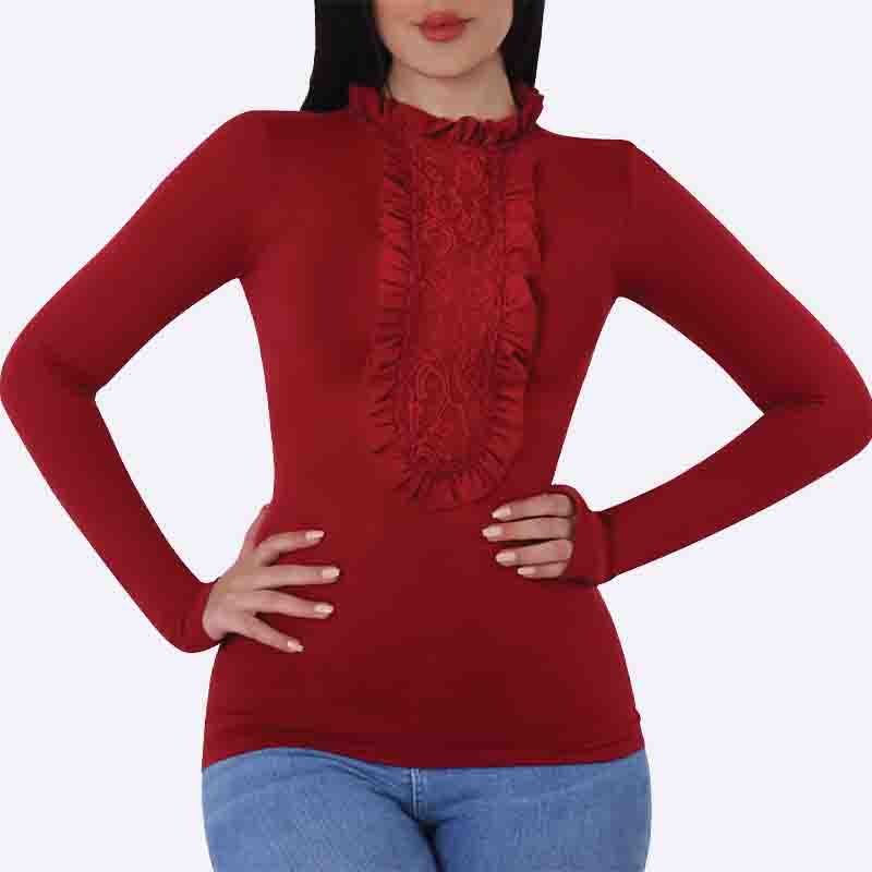 Ruffled and Embroidered Long Sleeve Top