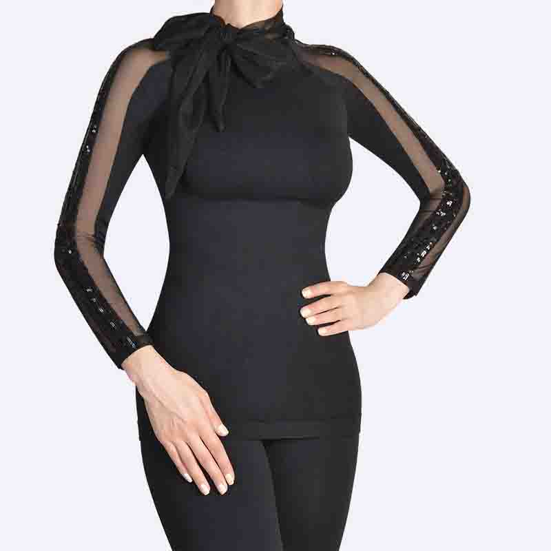 Bownot High-Neck Top with Sequined Mesh Sleeves