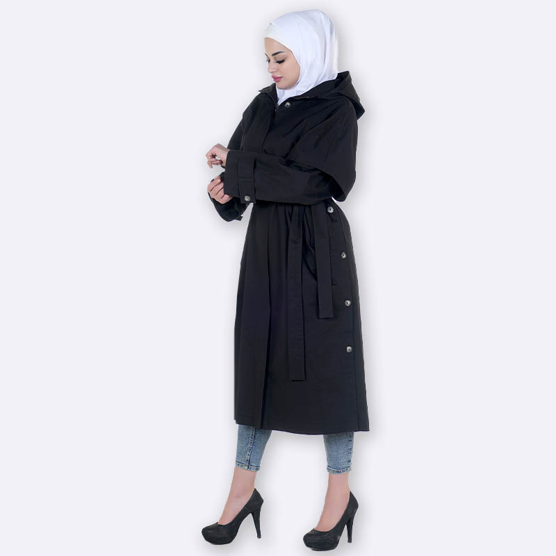 Modest Black Hooded Trench Coat