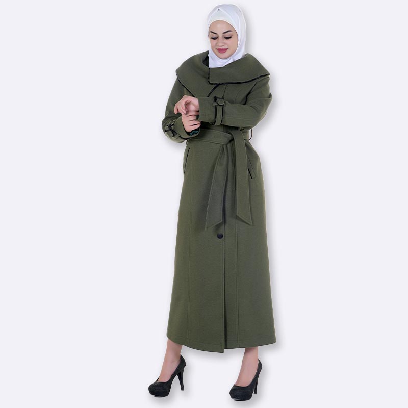 Elegant Olive Green Maxi Coat with Belt