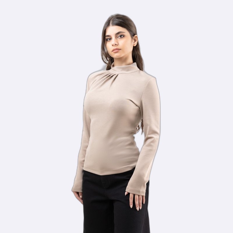 High-Neck Gathered Long Sleeve Top