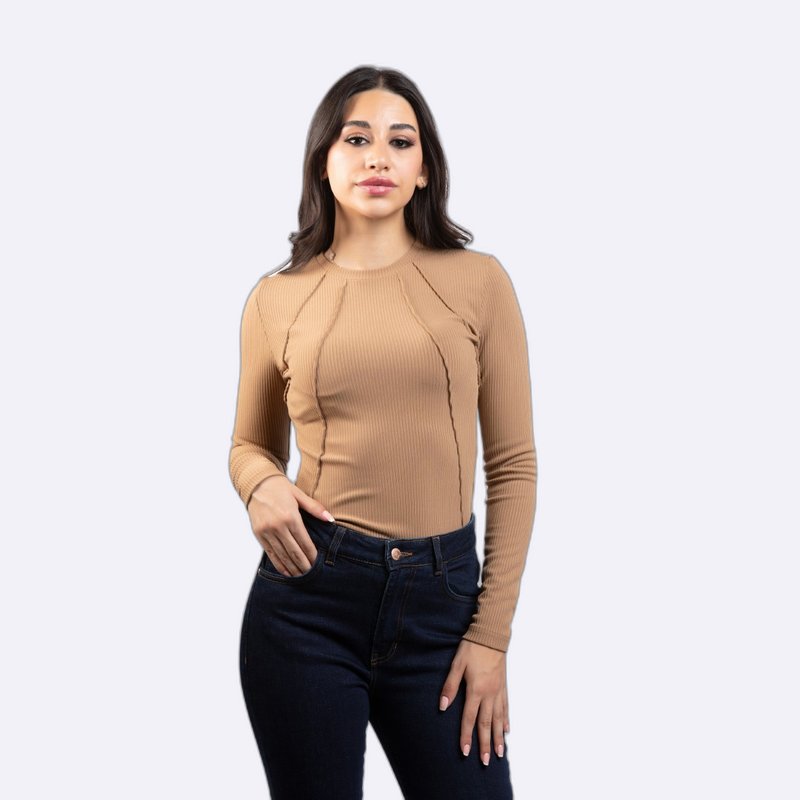 Women's Ribbed Long Sleeve Top with Contrast Stitching