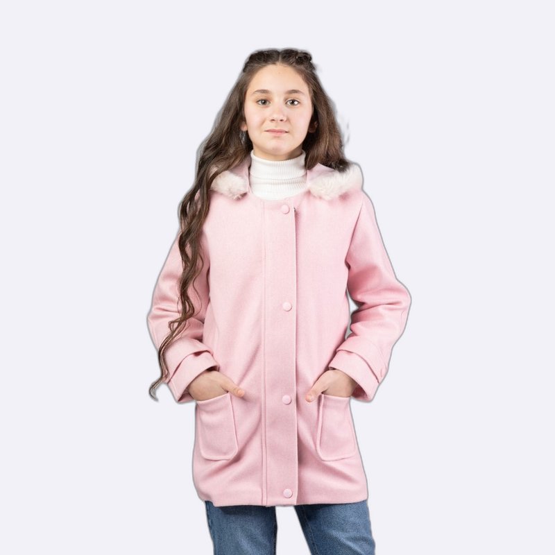 Girls' Pink Wool-Blend Coat with Faux Fur Hood