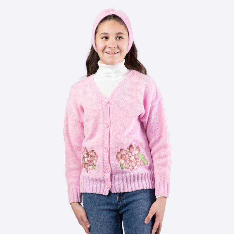 Floral Embroidered Knit Cardigan with Headband