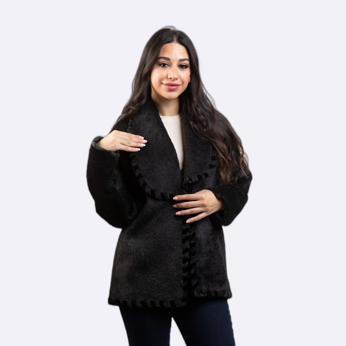 Faux Fur Cardigan with Stitching Detail