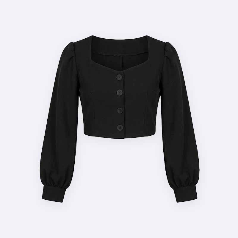 Square Neck Button Up Crop Top with Puff Sleeves