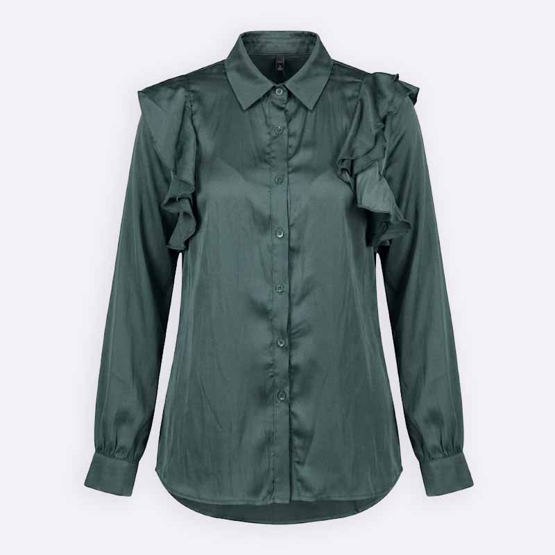 Satin Long Sleeve Shirt with Ruffle Trim