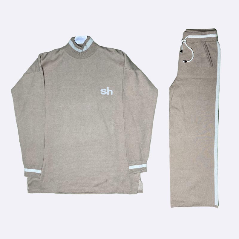 Women's Casual Knitwear Set: High Neck Top & Wide Leg Pants