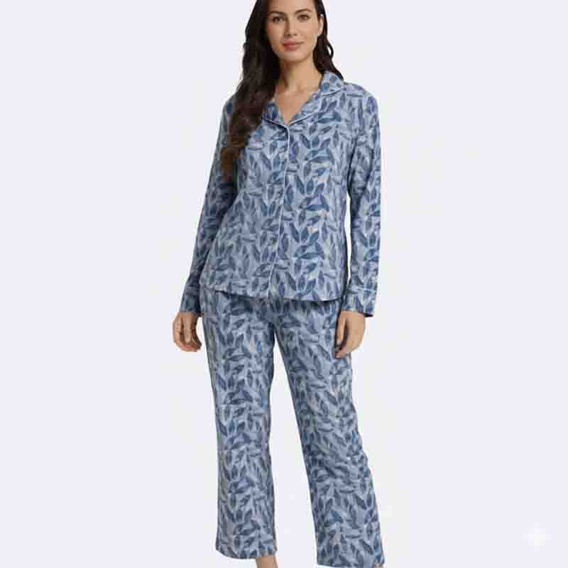 Serene Blue Leaf Print Pajama Set