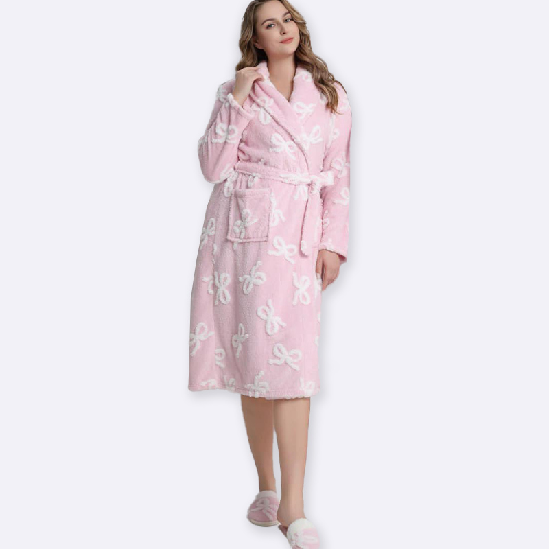 Bow-Embroidered Plush Robe & Slippers Set