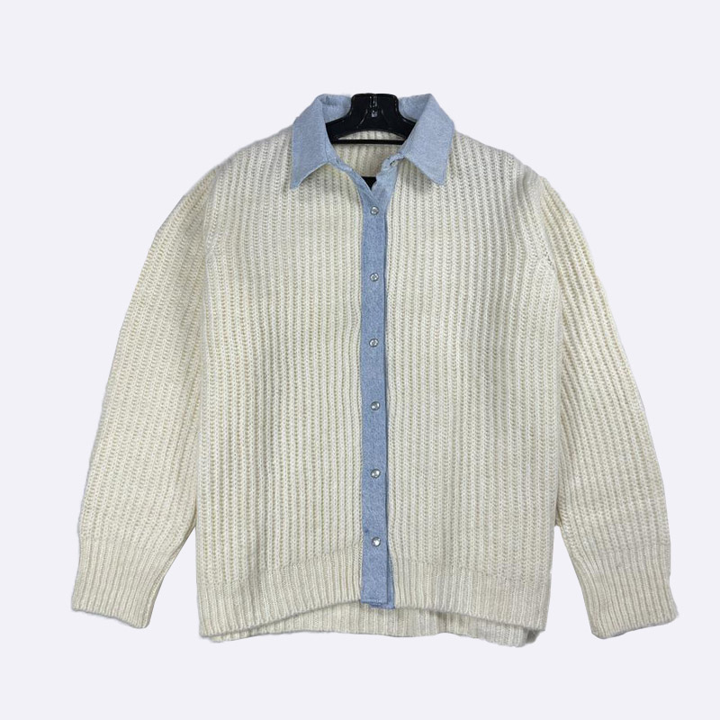 Ribbed Knit Shirt Collar Cardigan