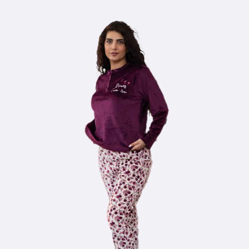 Plush Embroidered Top and Printed Pants Pajama Set