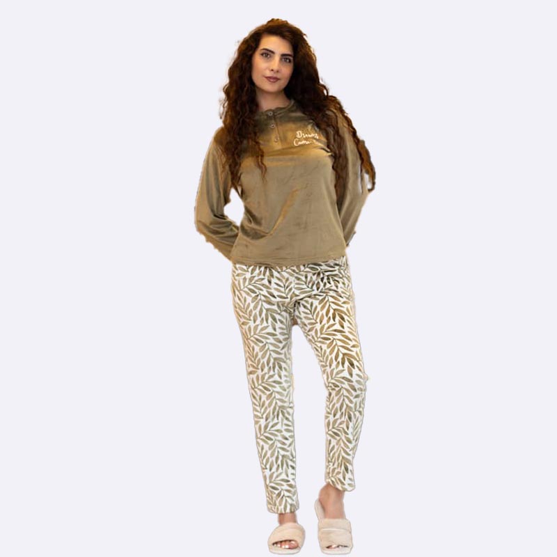 Plush Top and Leaf Print Pants Pajama Set