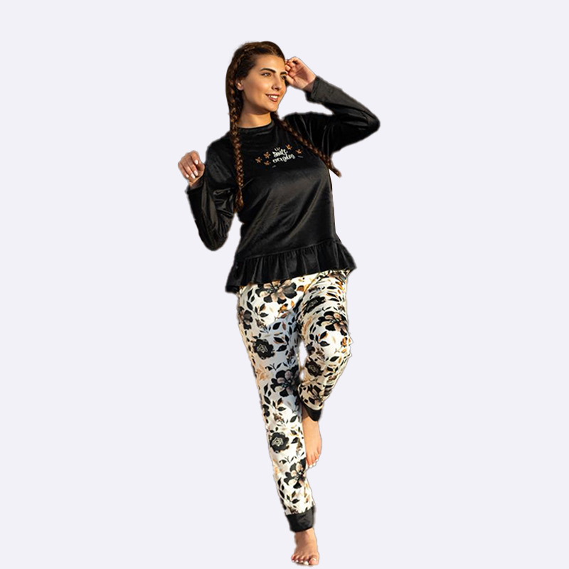 Plush Peplum Top and Floral Print Leggings Pajama Set