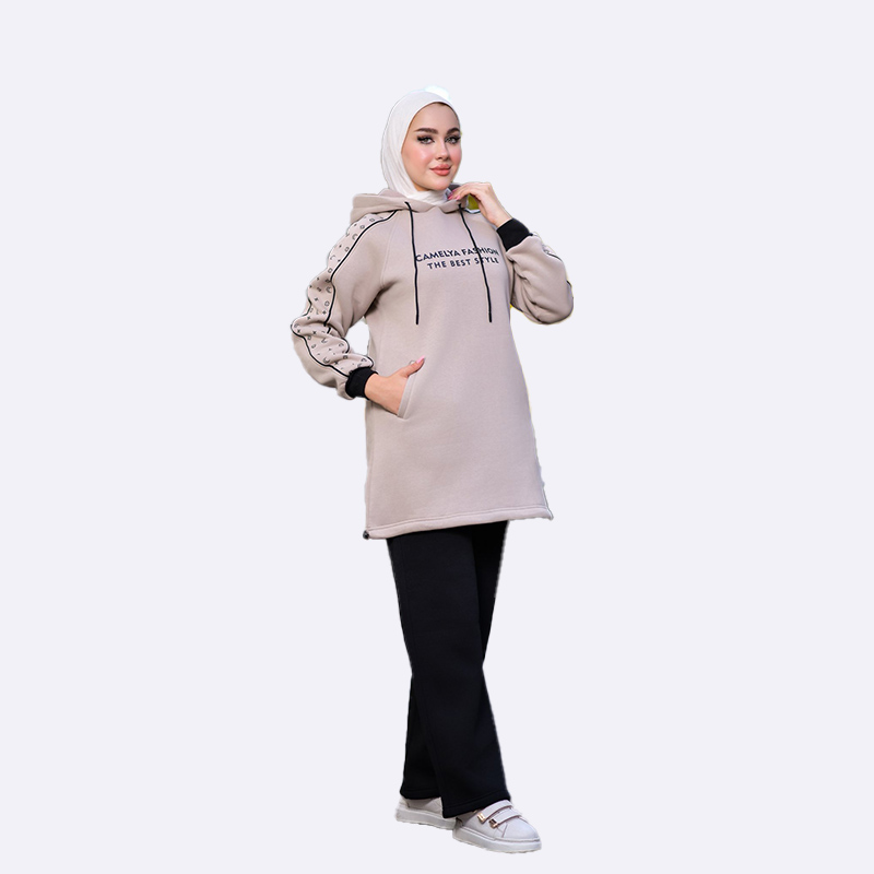 Fleece Tunic Hoodie with Printed Sleeves