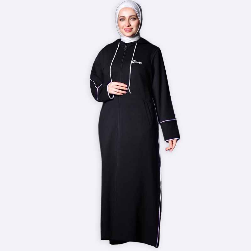 Elegant Black Hooded Abaya with White Trim