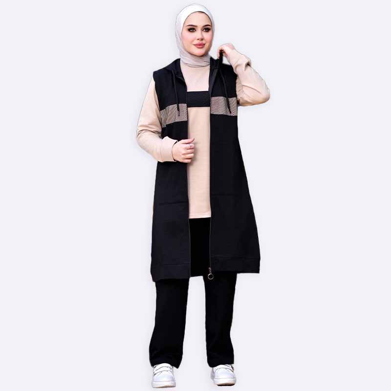 Modest Black Vest and Beige Sweatshirt Set