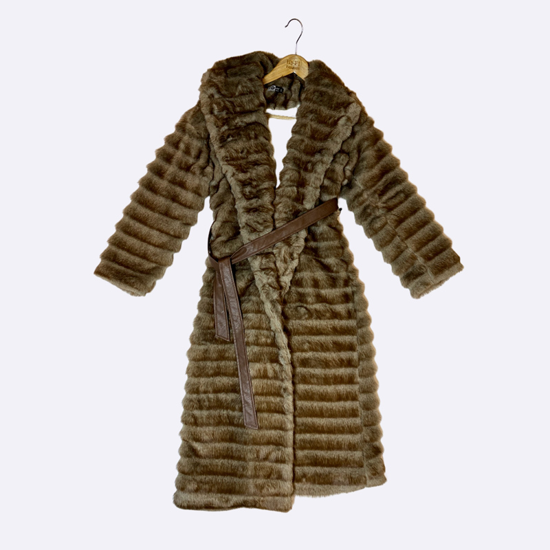 Women's Long Faux Fur Coat with Belt