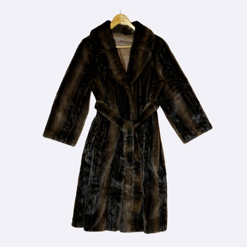 Women's Dark Faux Fur Coat (Knee-Length) with Belt