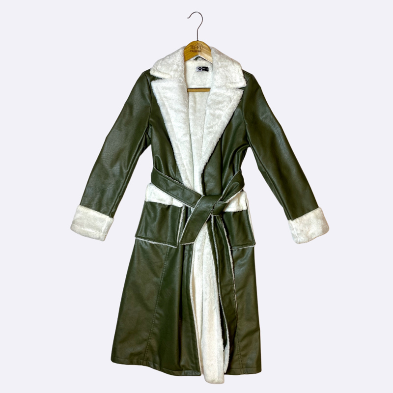 Women's Long Faux Leather Coat with Faux Fur Lining and Trim