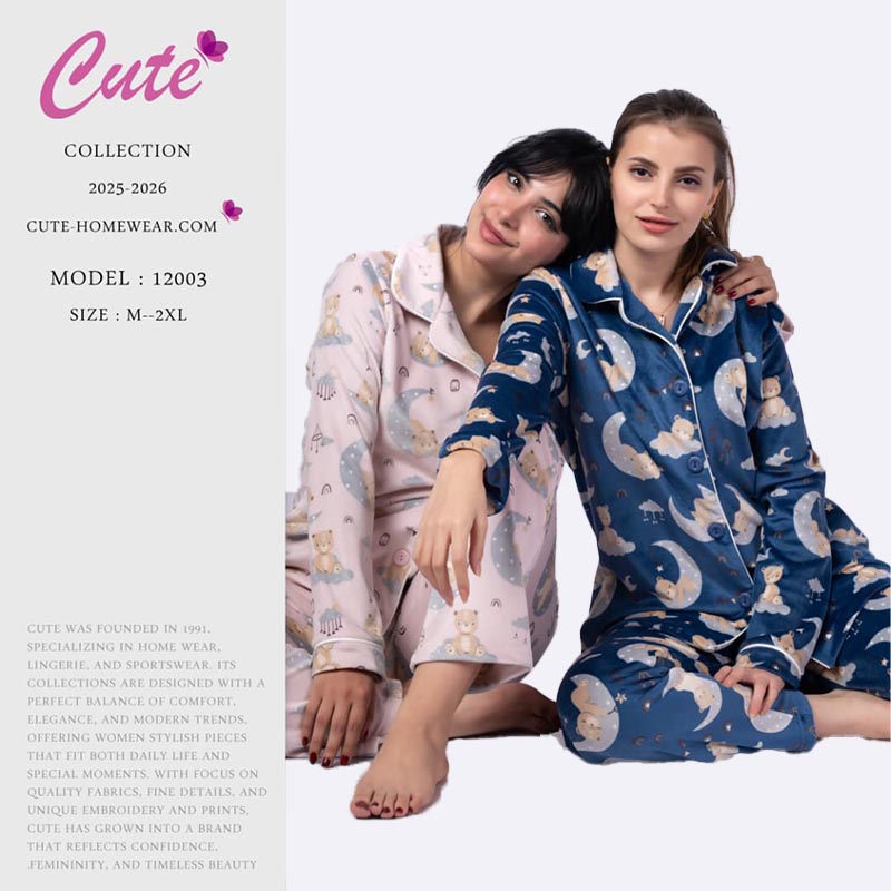 Women's Winter Velvet Pajama Set (Moon & Bears Print)