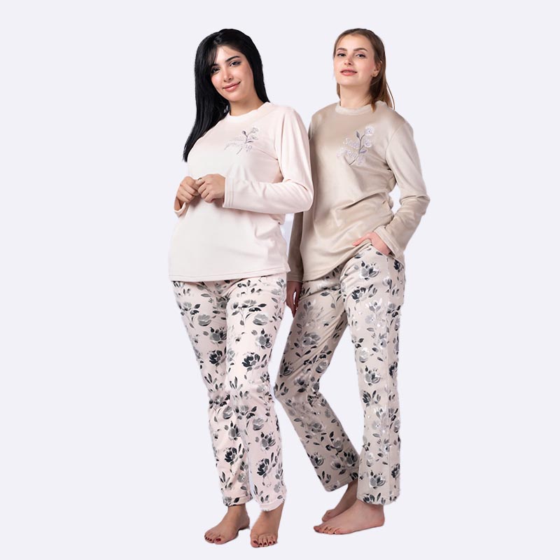Embroidered Velvet Top Floral Print Pajama Set