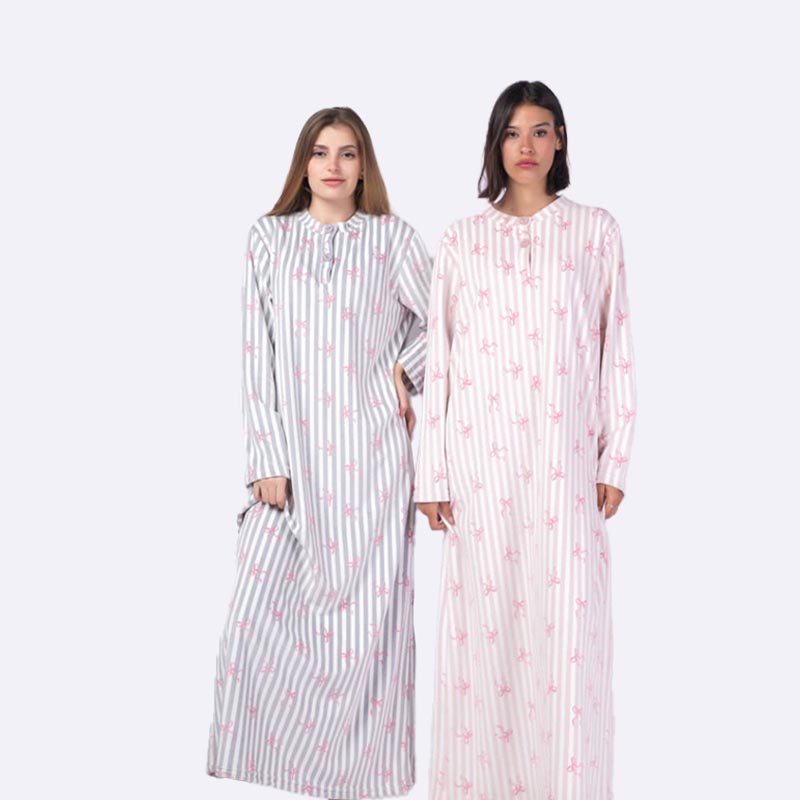 Striped Ribbon Print Long Sleeve Nightgown