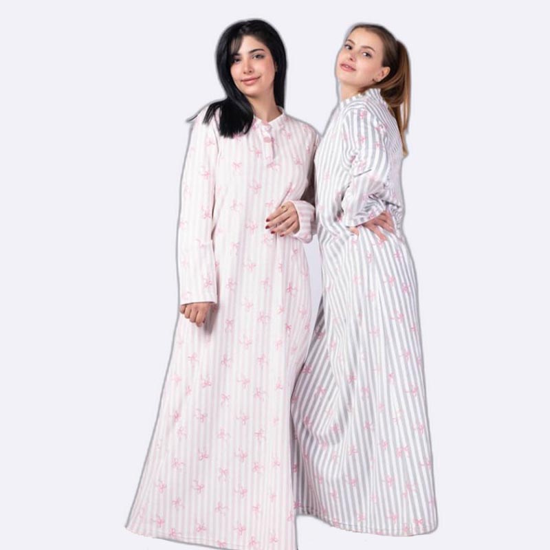 Striped Ribbon Long Sleeve Nightgown Set