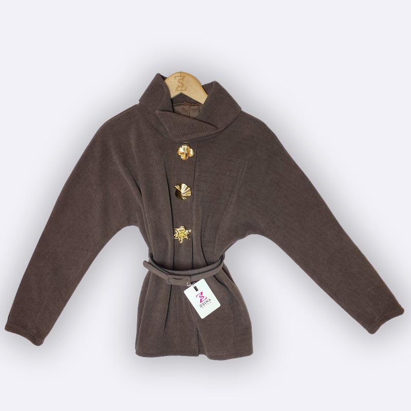 Women's High Collar Cardigan with Gold-Tone Buttons and Belt