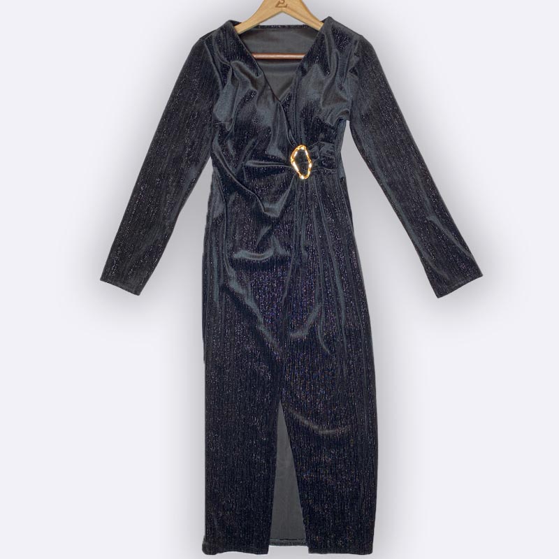 Shimmer Velvet Midi Dress with Buckle