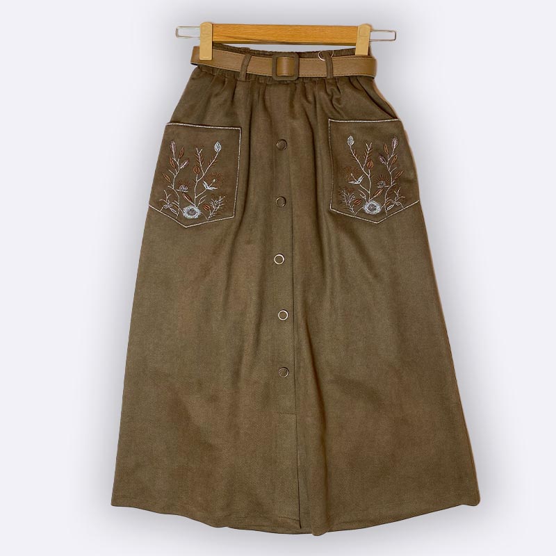 High-Waist Button-Front Skirt with Embroidered Pockets