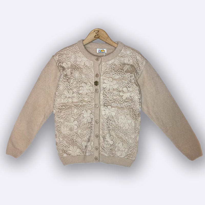 Knitted Cardigan with Floral Lace Overlay