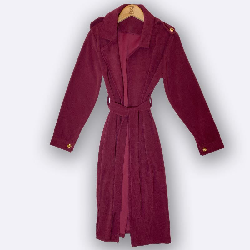 Long Velvet Trench Coat with Tie Belt