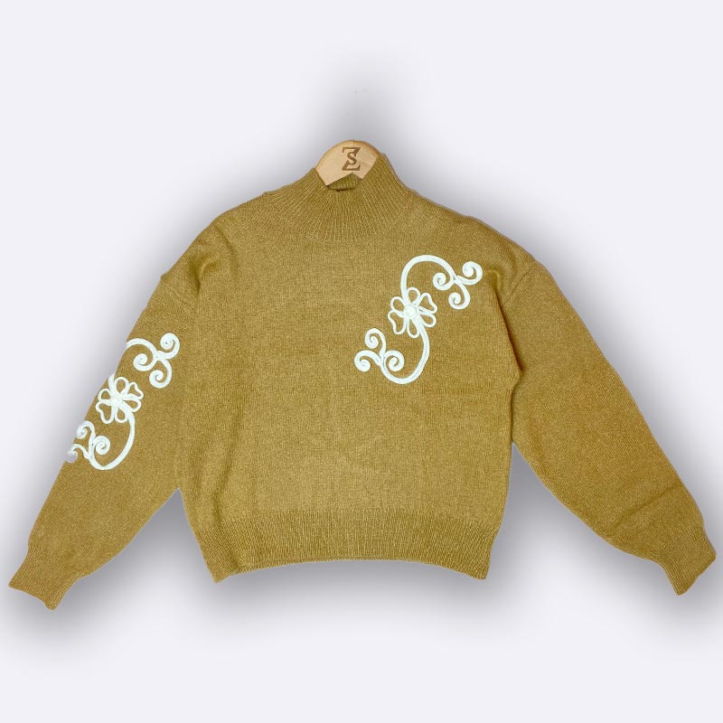 Elegant Embroidered High-Neck Knit Sweater