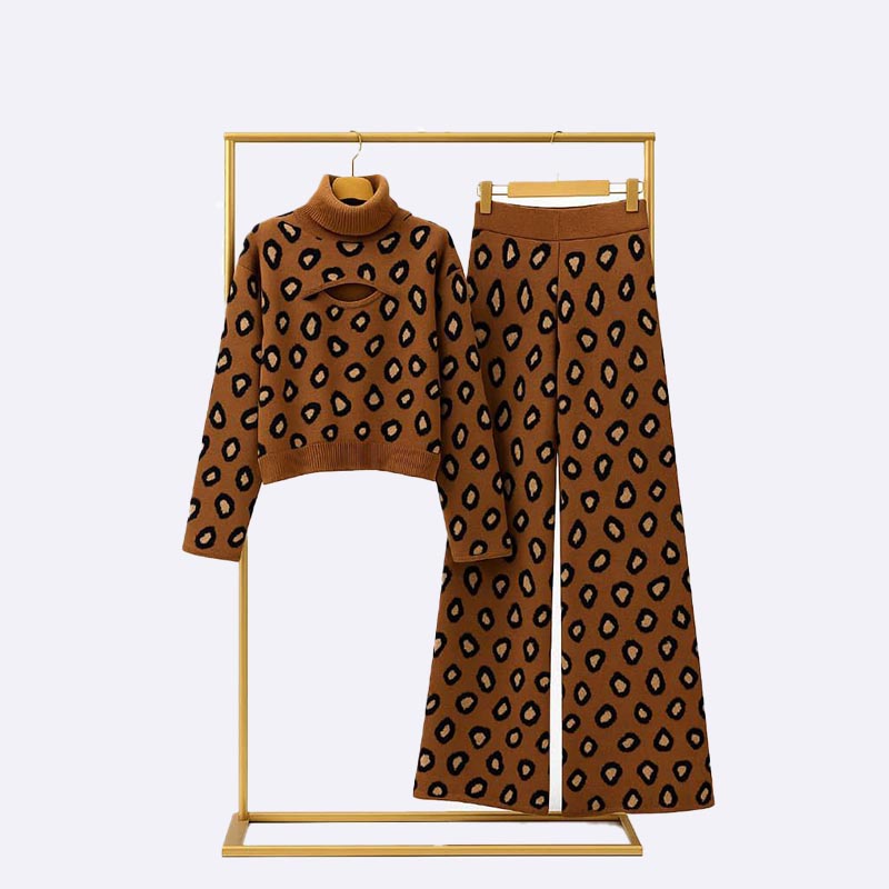 Women's Leopard Print Knit Two-Piece Set (Turtleneck Sweater & Wide-Leg Pants)