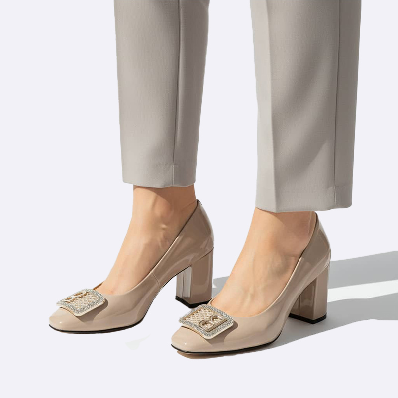 Elegant Block Heel Pumps with Crystal Buckle